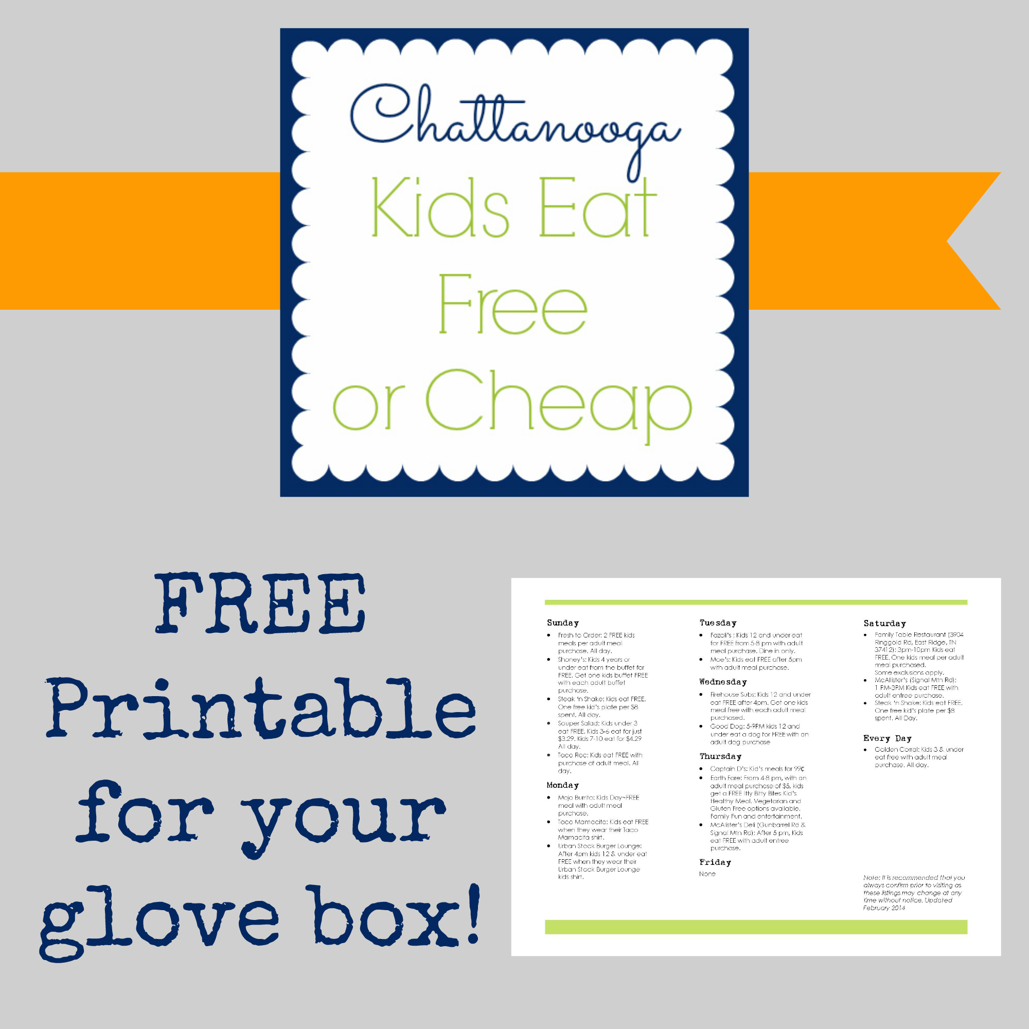 Free Printable Kids Eat Free or Cheap in Chattanooga list